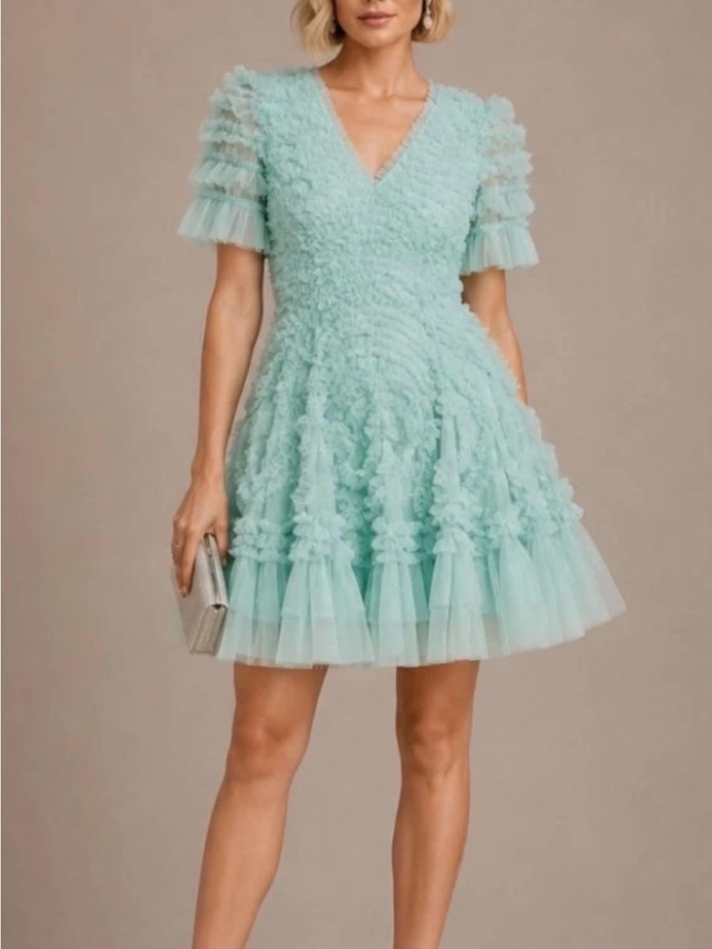 Needle & Thread Mint Ruffle Textured V‑Neck Mini Dress